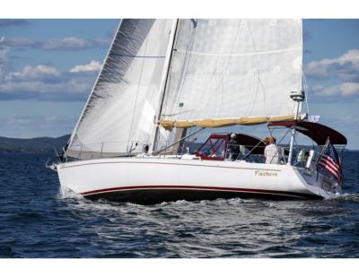 Finisterre shown on port tack closed hauled on West Penobscot Bay