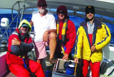 The group of us. Steve still wearing shorts as we approach the Labrador Current